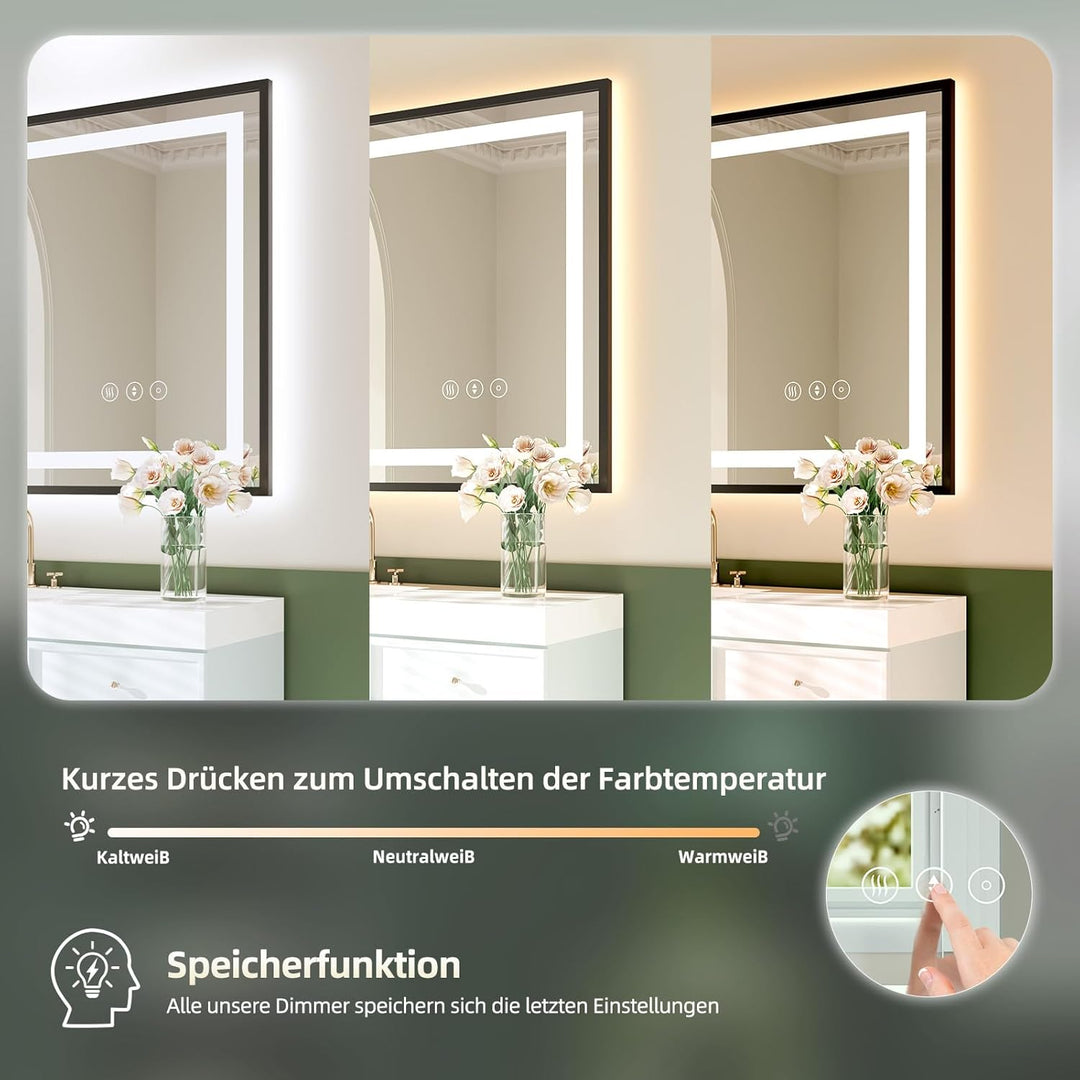Dripex Badspiegel mit Licht Badezimmerspiegel mit Metallrahmen, Speicherfunktion, Touch-Schalter, Di