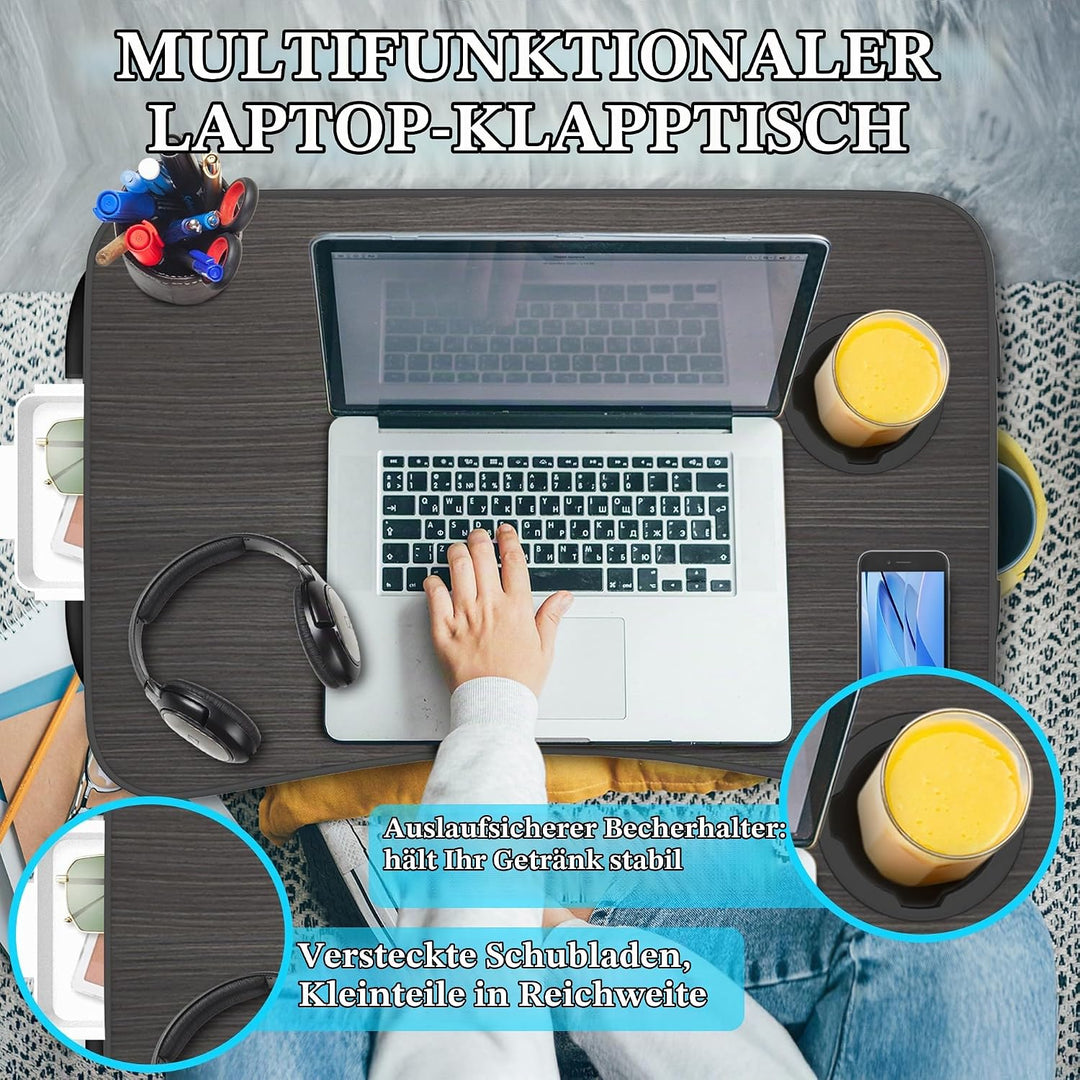 Soontrans Laptoptisch, 60 x 40 x 28 cm, Laptop Tisch mit Tablethalter, Schublade, Getränkehalter, Be