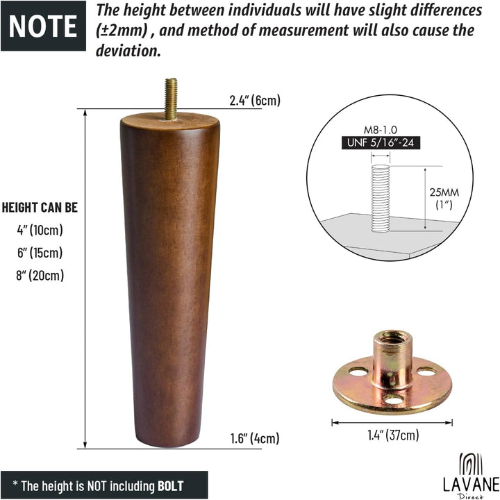 La Vane 4 Stück Möbelfüsse aus Massivholz - 20cm Höhe, Walnuss, Konisch mit M8 Gewindebolzen &amp; Monta