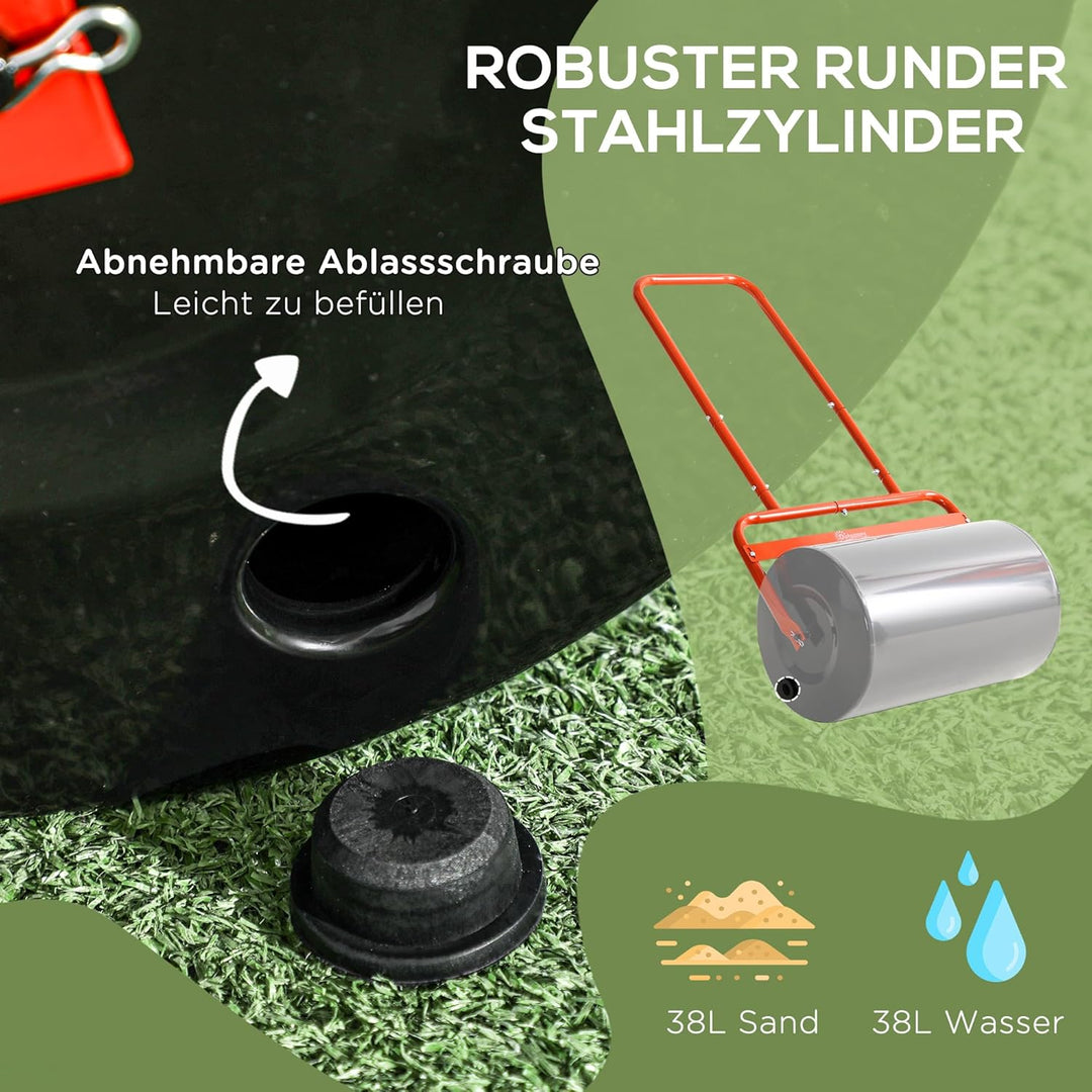 Outsunny Rasenwalze Gartenwalze befüllbar mit Wasser oder Sand, 50cm Breite Handwalze mit U-Griff, 3