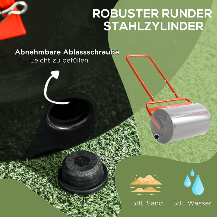 Outsunny Rasenwalze Gartenwalze befüllbar mit Wasser oder Sand, 50cm Breite Handwalze mit U-Griff, 3