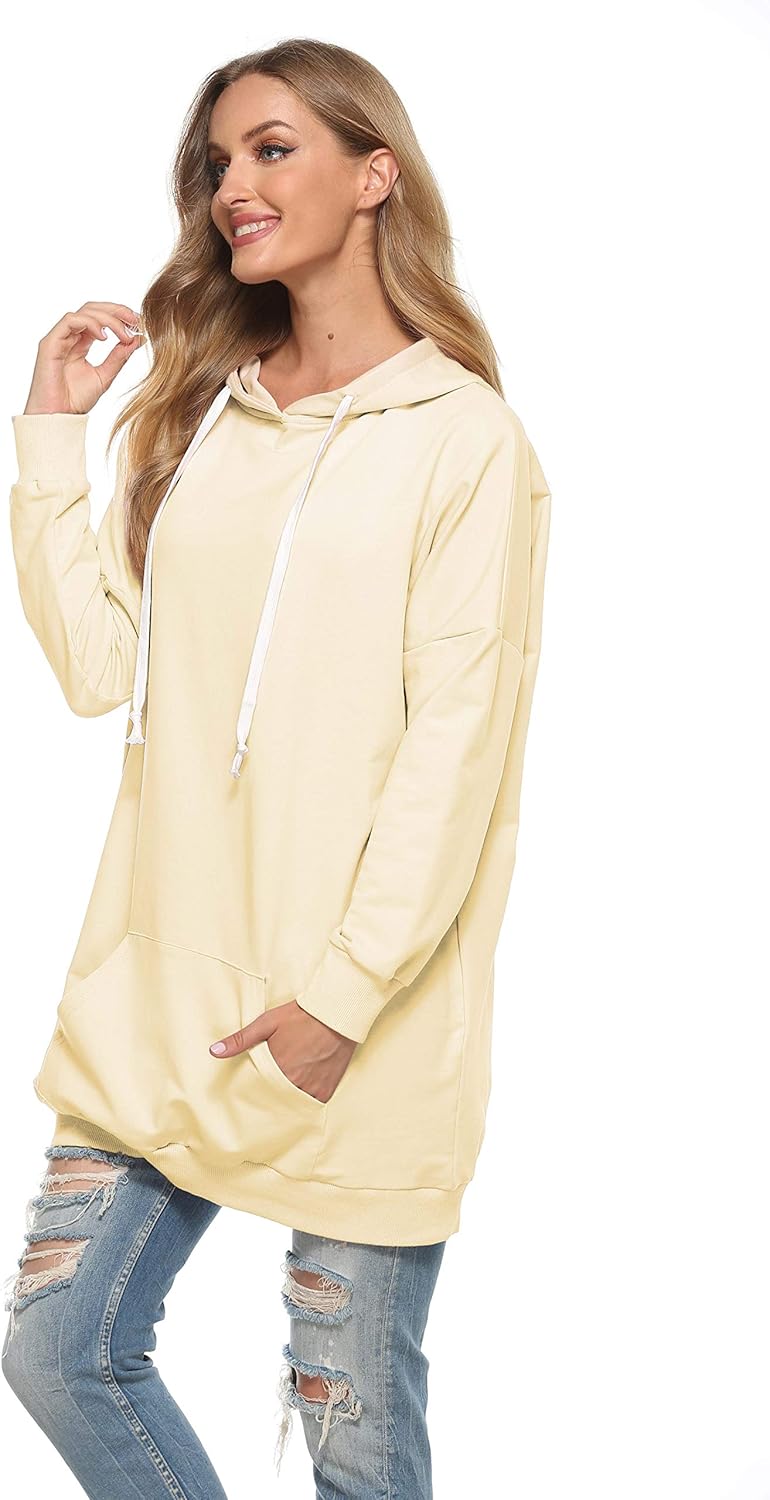 Famulily Damen Oversized Hoodie Kleid Baumwolle Lang Sweatshirt mit Kapuze Einfarbige Kapuzenpullove