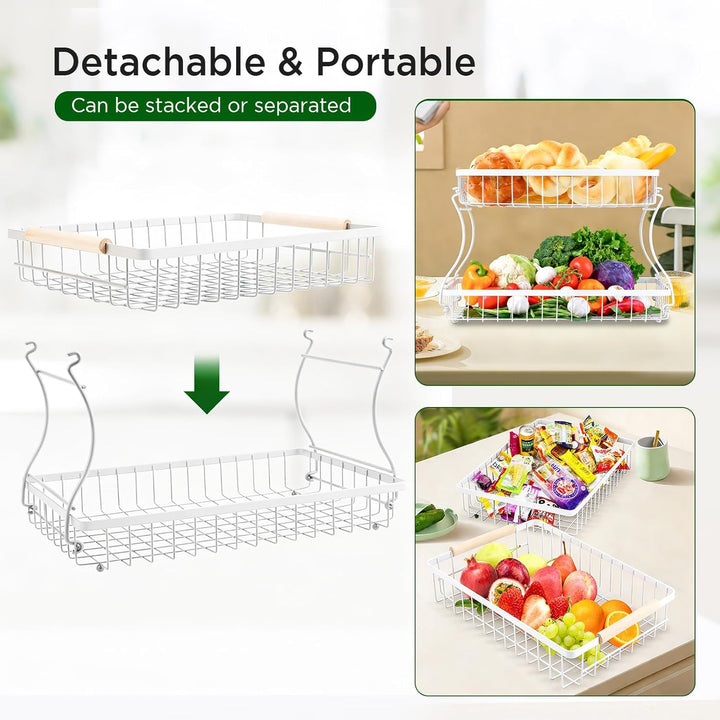 VINATO Obstkorb, Obst Etagere 2 Stöckig mit Holzgriffen für Küche, Bad & Mehr – Obstständer, Gemüse