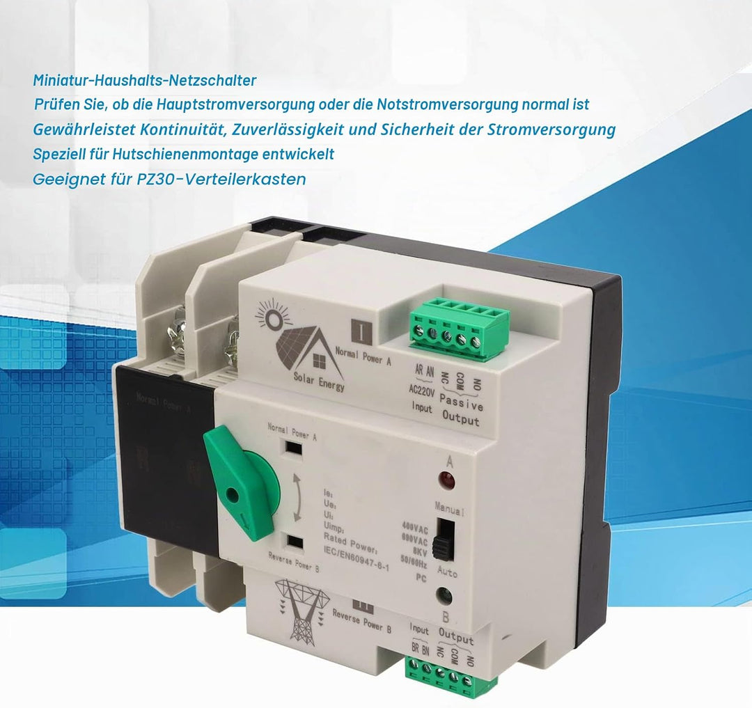 Dual Power Automatischer Transferschalter AC 230V 2P 63A ATS PC Hutschiene Notstrom Netz Umschalter