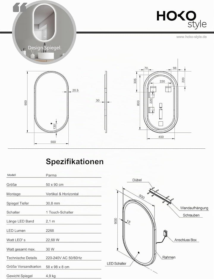 HOKO Design Bad Spiegel oval 50x90 cm / 90x50 cm Parma+ Metall Rahmen Schwarz. HOCH+QUER Montage. LE
