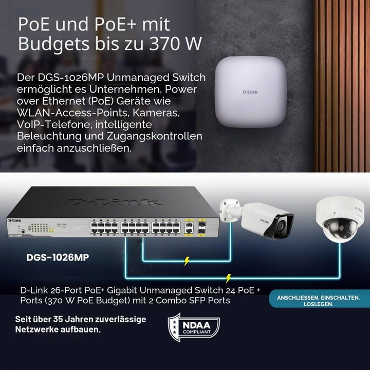 D-Link DGS-1026MP Layer2 PoE+ Gigabit Switch (26-Ports, davon 24 x 10/100/1000 Mbit/s PoE-Ports und