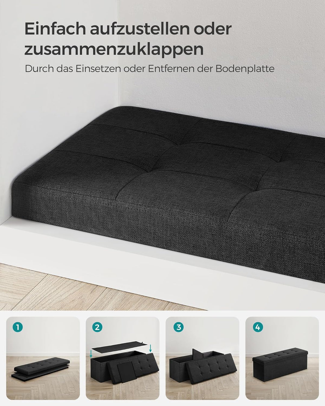 SONGMICS 110 cm Sitzbank mit Stauraum, klappbare Sitztruhe, Aufbewahrungsbox, Fussbank, basisschwarz