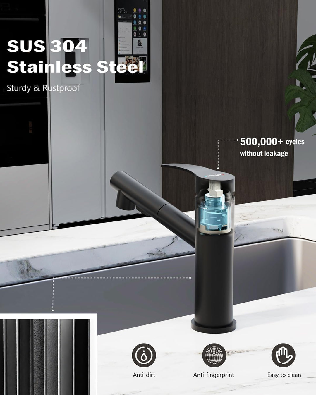 APPASO Wasserhahn Küche Schwarz, Hochdruck Küchenarmatur Ausziehbar, Spültischarmatur Küche mit 2 St