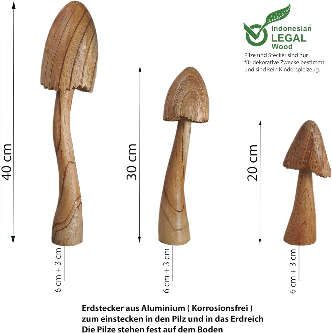 ART-CRAFT Naturnahe Holzpilz-Deko Set mit 3 handgeschnitzten Pilzen 40-30-20 cm hoch - Für Balkon, T