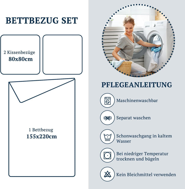 MR&HM Bettwäsche 155x220 3-teilig Baumwolle - Bettwäscheset aus 100% Baumwolle 155 x 220 x 1 Plus Zw