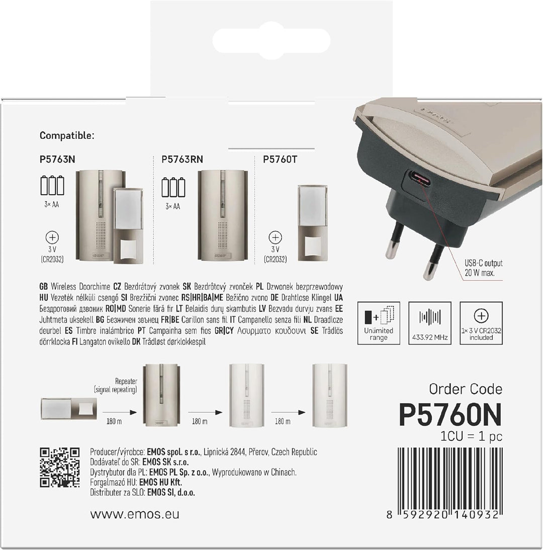 EMOS Kabellose Türklingel/Funkklingel Set mit Repeater Funktion und USB-C-Port - unbegrenzte Reichwe