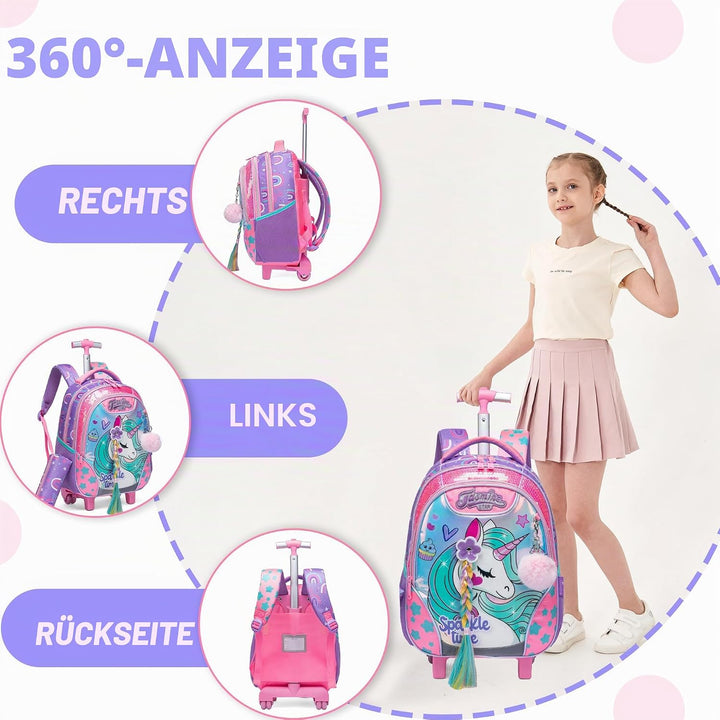 HTgroce Trolley Rucksack Mit Rollen, Federmäppchen, Lunch Tasche 3 in 1 Leicht Rolling Schulranzen f
