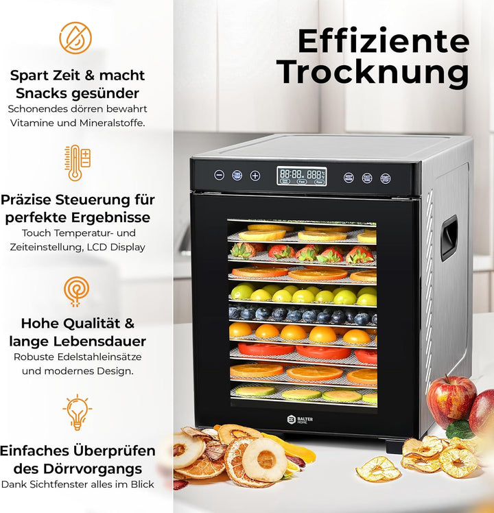 Balter Dörrautomat Edelstahl, Dörrgerät mit 10 Einlegefächern, BPA-frei, 700W, 8400 cm² Dörrfläche,