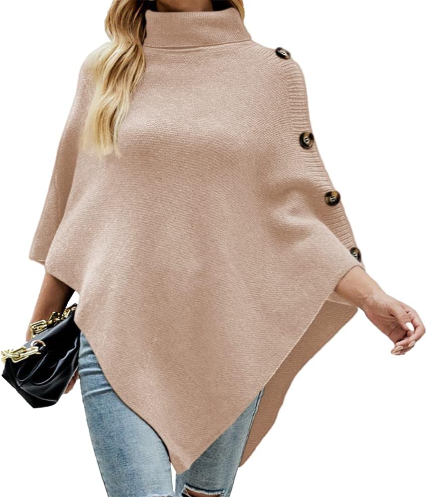 JFAN Poncho Damen Elegant Strick Umhang mit Hohem Kragen und Vier Knöpfen Herbst/Winter, Einheitsgr&