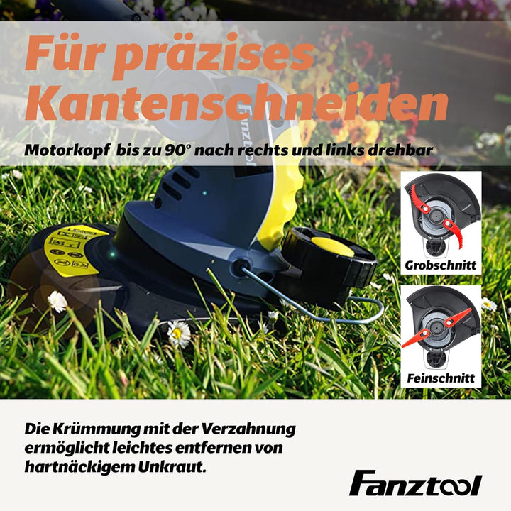 FANZTOOL Akku Rasentrimmer 20V, inkl. 2Ah Akku, Ladegerät, Gerade Messer für Glatt- und Feinschnitt