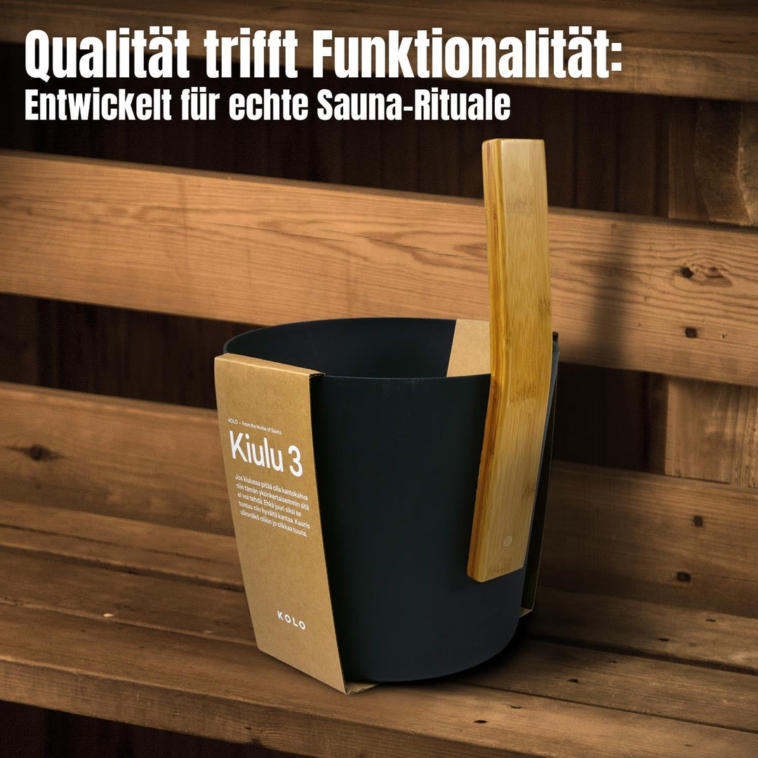 KOLO Sauna Kübel 3 & Kelle - Sauna Aufguss Set - Sauna Eimer 5l aus Aluminium Schwarz - 300ml Aufgus