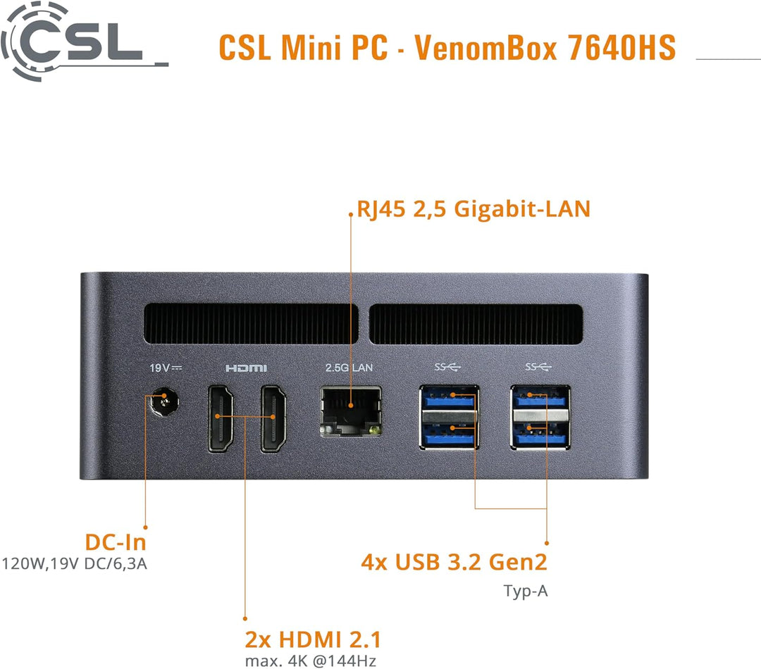 Mini PC CSL VenomBox 7640HS Windows 11 Pro, AMD Ryzen 5 7640HS 6X 4300 MHz, 2000 GB M.2 SSD, 96 GB D