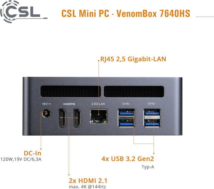 Mini PC CSL VenomBox 7640HS Windows 11 Pro, AMD Ryzen 5 7640HS 6X 4300 MHz, 2000 GB M.2 SSD, 96 GB D