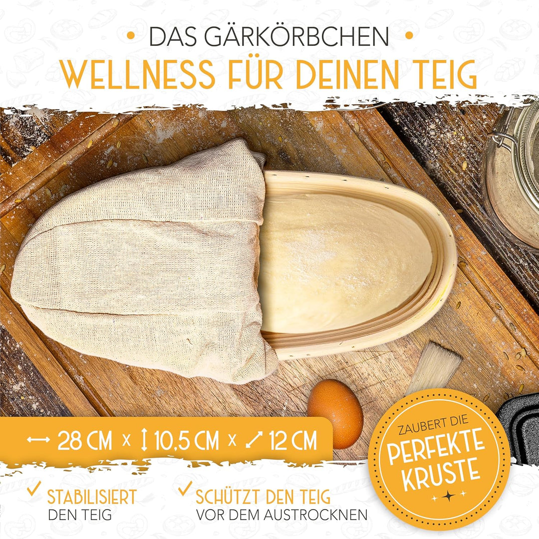KRUSTENZAUBER Emaille Brotbackfrom mit Deckel inkl. Gärkorb - Robuste 28cm Backform aus Gusseisen -