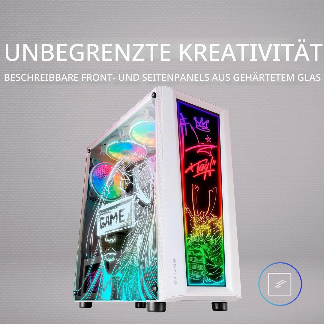 MarsGaming MC-Art Weiss, PC Gaming ATX Gehäuse, Doppelt Zeichnbar Gehärtetes Glas, ARGB 12 Mode, 12c