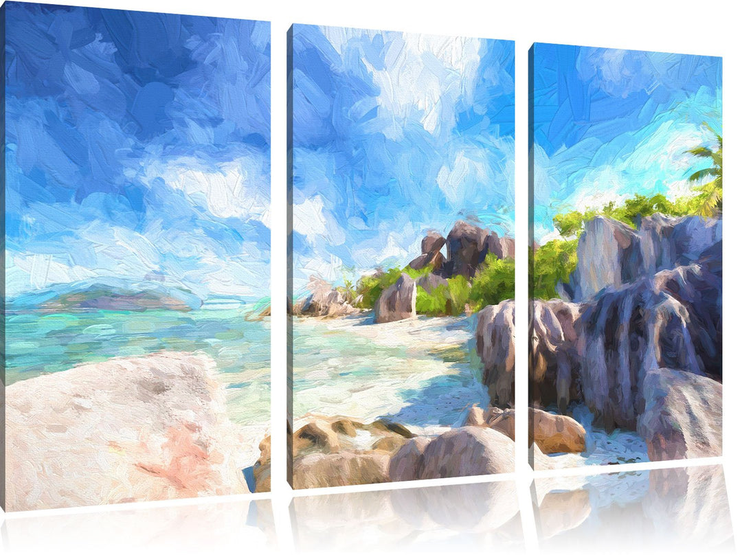 Pixxprint Seychellen Strand Kunst als Leinwandbild/Grösse: 3 Teilig (120x80) cm/Wandbild/Kunstdruck/