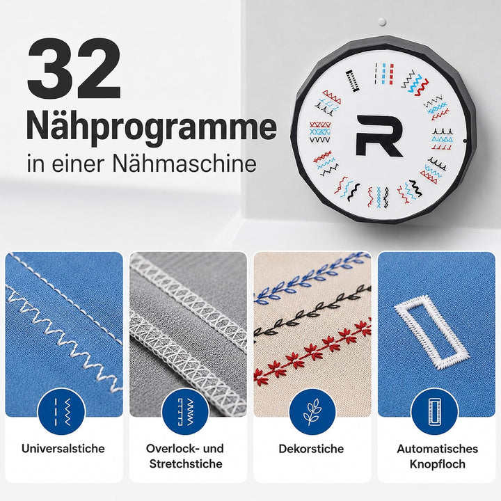 Rold G70 Nähmaschine mit 34 Nähprogramme, Automatisches Knopfloch, 100-Watt-Servomotor, Nadeleinfädl