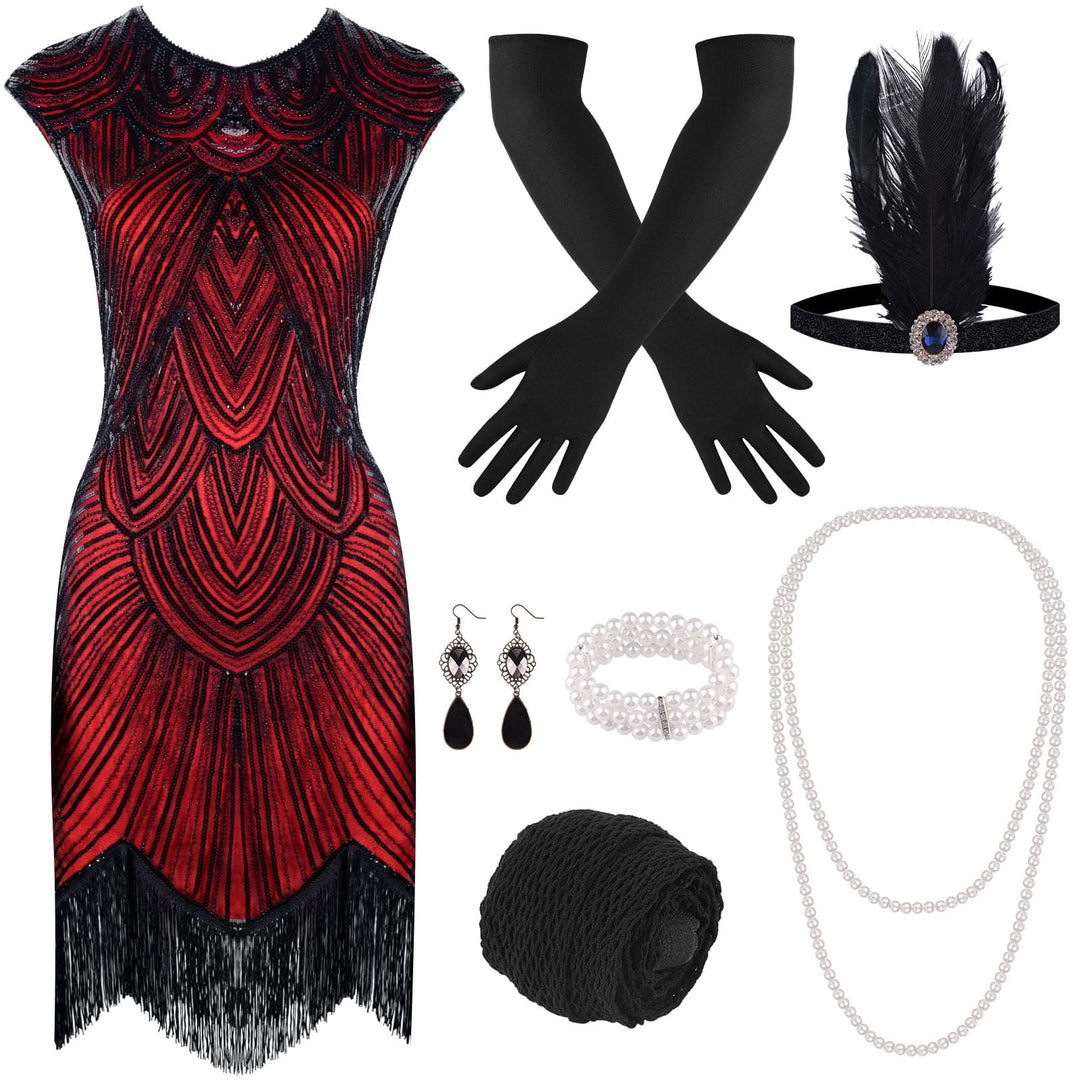 PLULON 1920er-Jahre-Flapperkleid mit Pailletten, Perlen und Fransen, Set mit 20er-Jahre-Accessoires