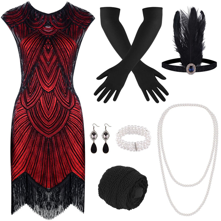 PLULON 1920er-Jahre-Flapperkleid mit Pailletten, Perlen und Fransen, Set mit 20er-Jahre-Accessoires