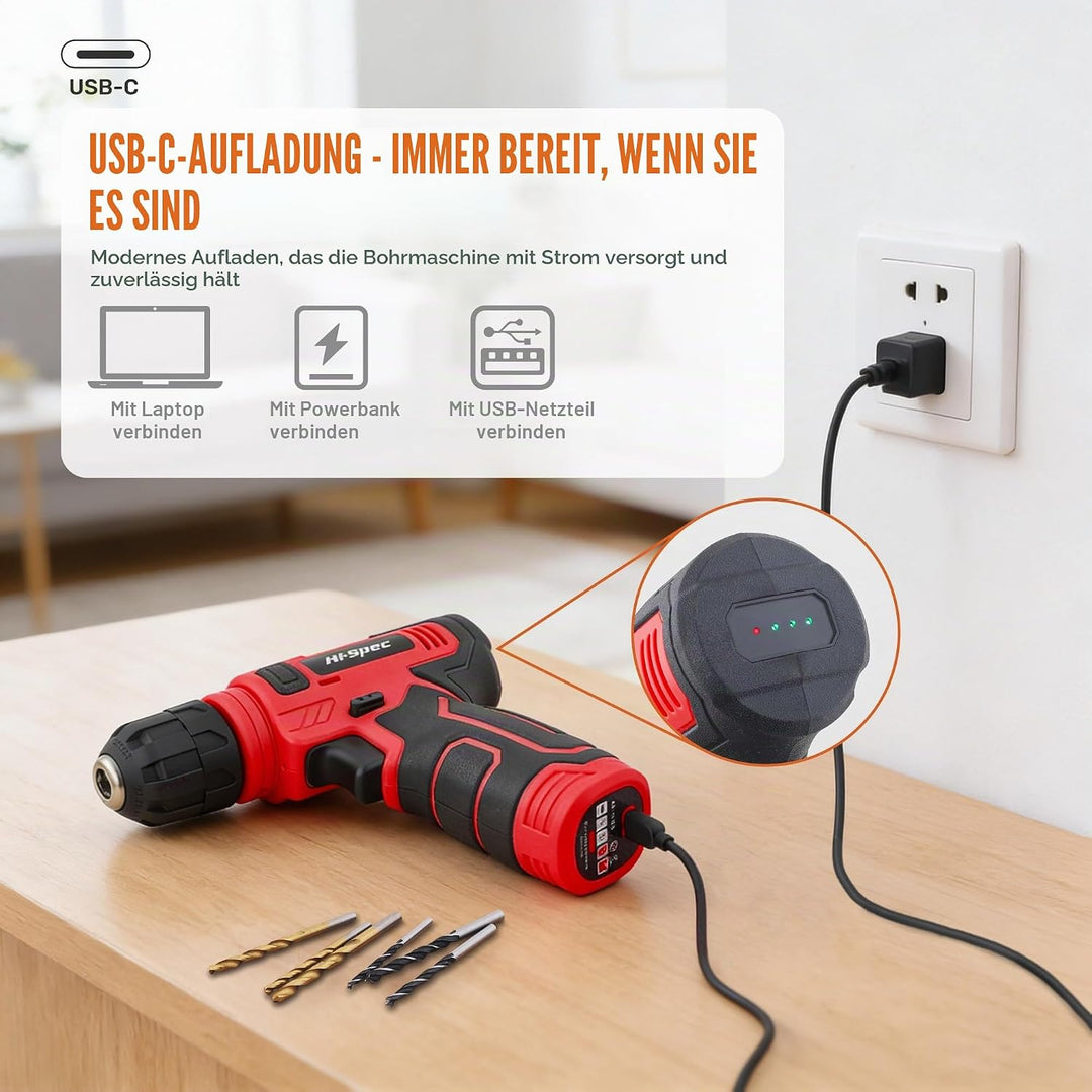 Hi-Spec 8V USB Akku-Bohrschrauber-Set mit Bohrerbits, Kabelloser &amp; Wiederaufladbarer Elektroschraube