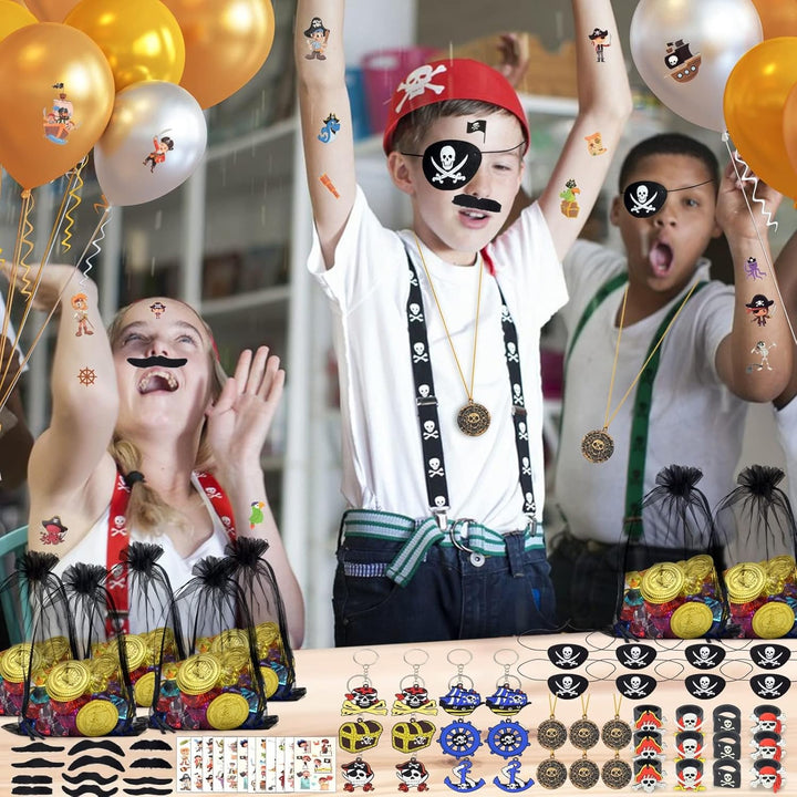 168 Stück Piraten Kindergeburtstag, Piraten Augenklappe Aufkleber Ringe Schlüsselanhänger Edelsteine