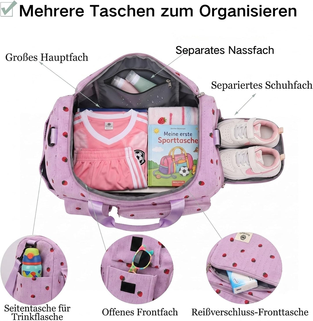 Suweir Sporttasche Kinder Reisetasche Mädchen Damen mit Schuhfach und Nassfach Cord Schwimmtasche We