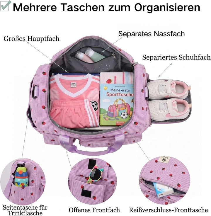 Suweir Sporttasche Kinder Reisetasche Mädchen Damen mit Schuhfach und Nassfach Cord Schwimmtasche We