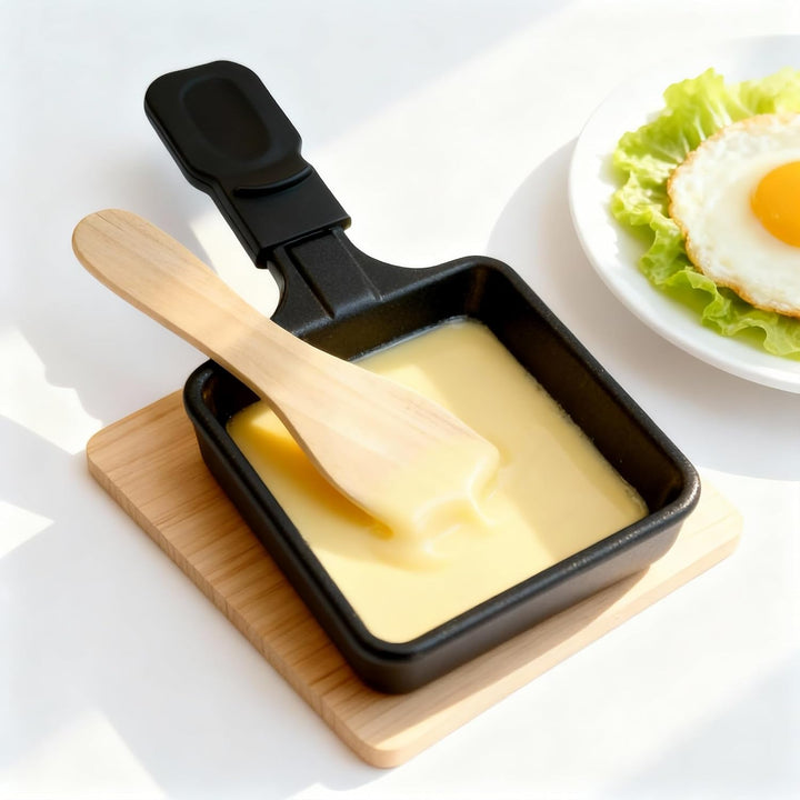 Pfännchen Mini 4 Stücke Antihaftbeschichtet Grill Pfännchen Viereckig Mini Raclette Grill mit 4 Holz