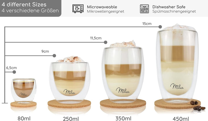 Milu Thermogläser Set – 4 vers. Grössen - Doppelwandige Espresso Gläser - Kaffeegläser, Latte Macchi