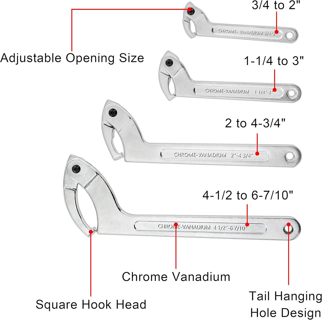 Poweka C Verstellbar Hakenschlüssel 4 Stück Schraubenschlüssel Enthält 3/4-2", 1 1/4-3", 2-4 3/4", 4
