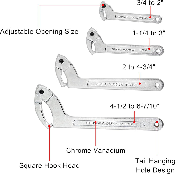 Poweka C Verstellbar Hakenschlüssel 4 Stück Schraubenschlüssel Enthält 3/4-2", 1 1/4-3", 2-4 3/4", 4
