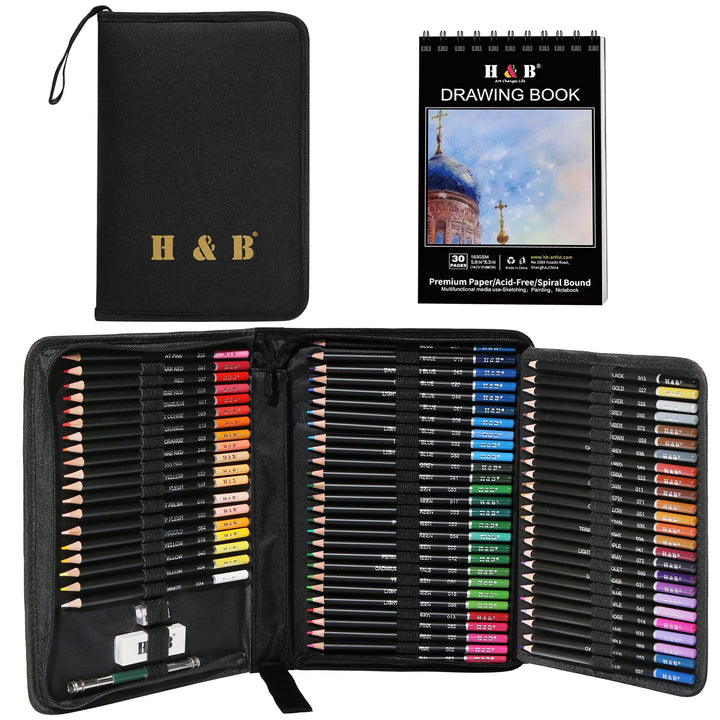 H & B Künstler-Buntstifte-Set, 76-teilig, Zeichenstifte, Skizzierstifte, Mischkunst, Buntstifte für