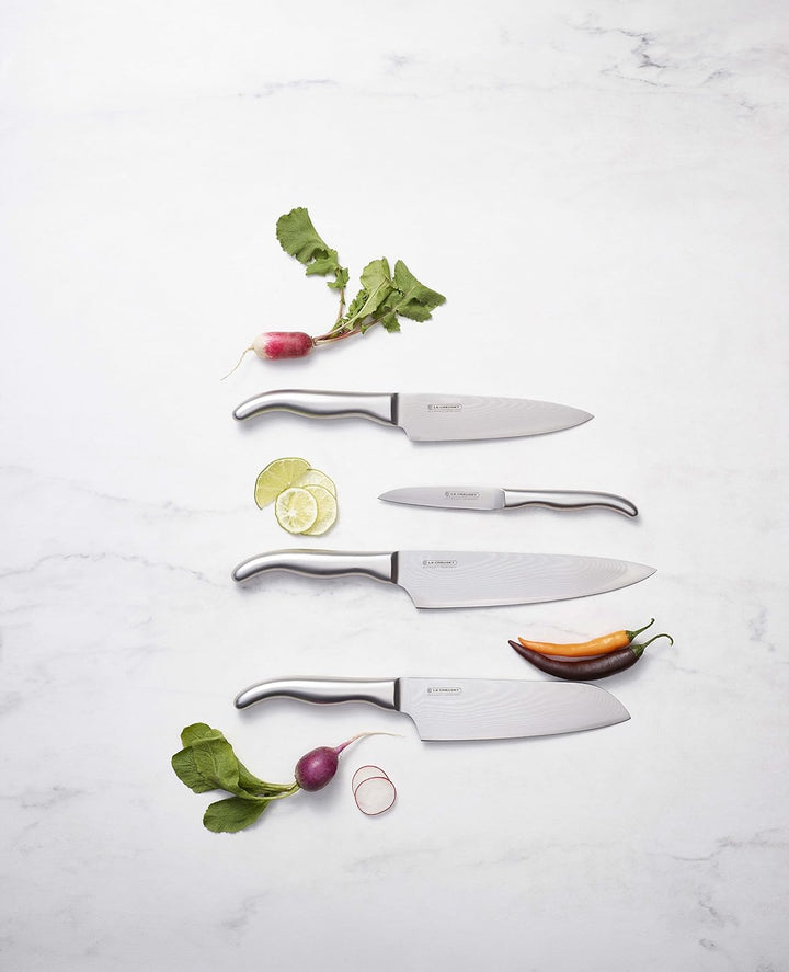 Le Creuset Santoku Messer, 18 cm 18/8 Damaststahlklinge mit glattem Schliff, Edelstahlgriff, Rostfre