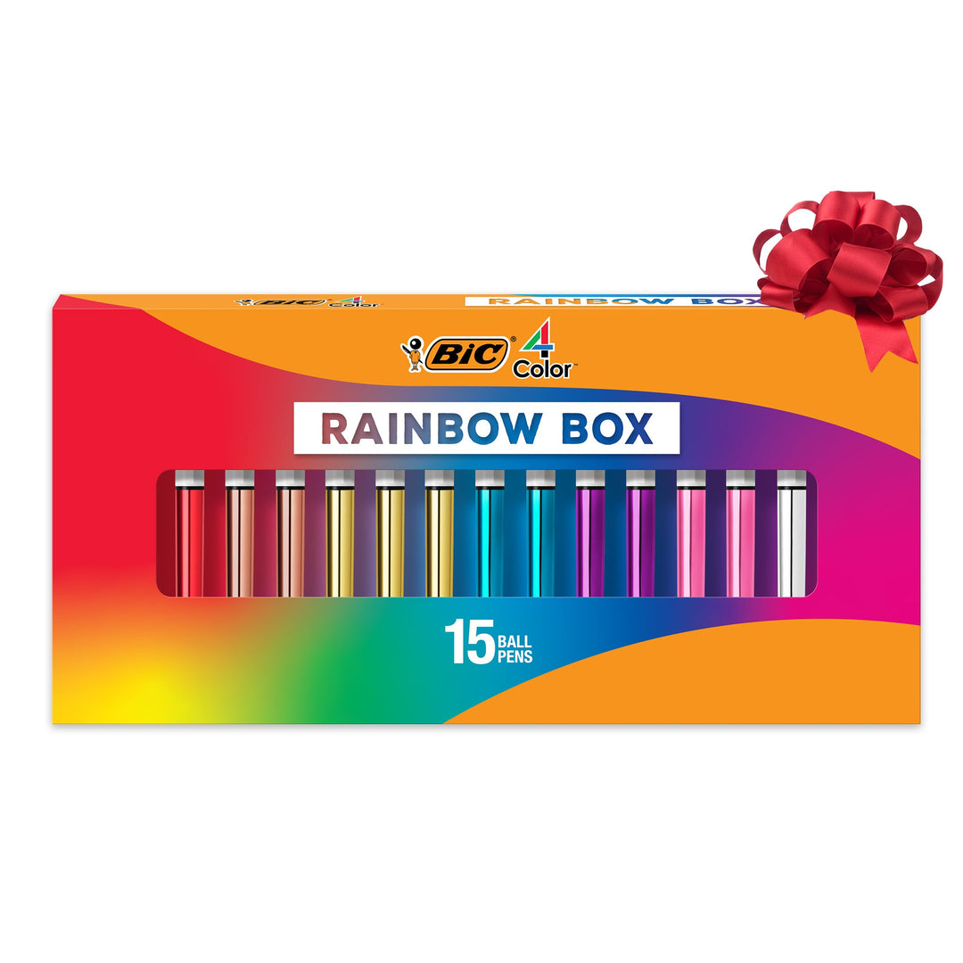 BIC 4-farbiges Rainbow Shine Limited Edition-Set, Box mit 15 Stiften, einziehbare Kugelschreiber, mi