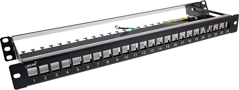 InLine® Patchfeld 24-Fach, Keystone Leerblech Patchpanel mit Auszug, 19", 1HE, schwarz RAL9005