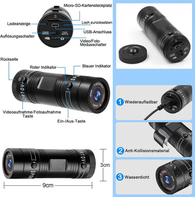 TANGMI Action Cam, 1080P HD Helmkamera, 120° Weitwinkel Actionkameras, Eingebauter Akku Videoaufnahm