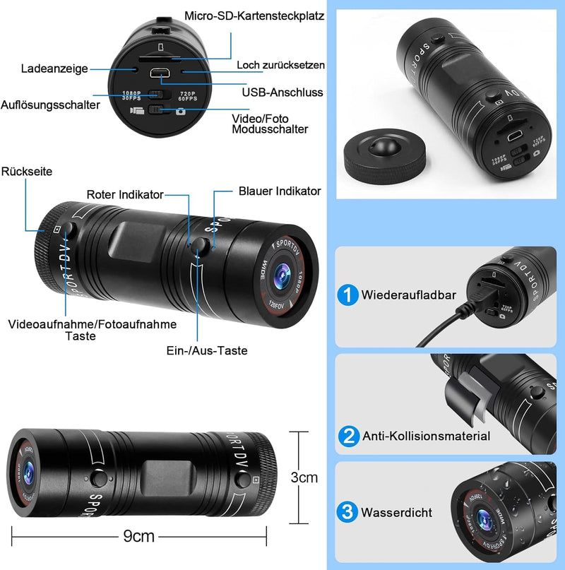 TANGMI Action Cam, 1080P HD Helmkamera, 120° Weitwinkel Actionkameras, Eingebauter Akku Videoaufnahm