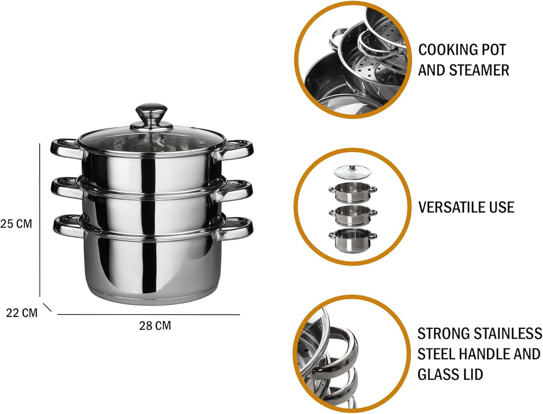 Premier Housewares Dampfgarer, Edelstahl, Glasdeckel, 28*22*22, Silver, 0408129 Dampfer, Dampfer