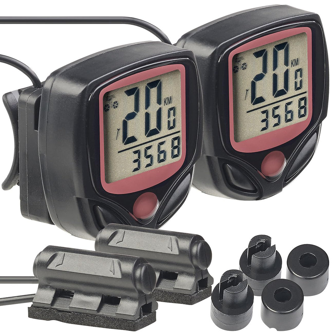 PEARL Sports Fahrradtachos: 2er-Set 15in1-Fahrrad-Computer mit LCD-Display &amp; Radsensor, IP44 (Kilome