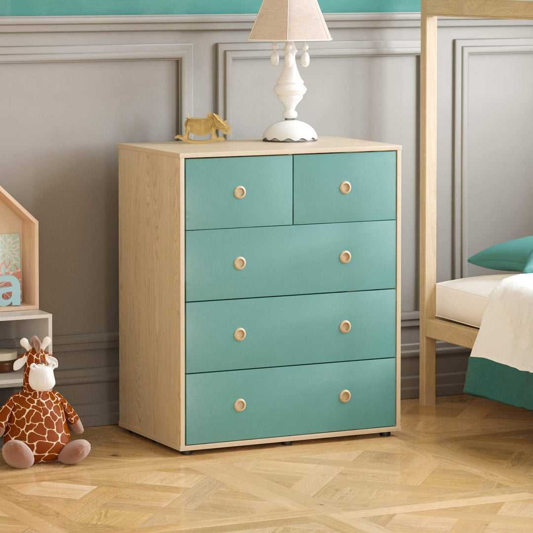 Junior Vida Neptune Kommode 5 Schublade Truhe Schlafzimmer Möbel Storage Blau & Eiche, Blau & Eiche