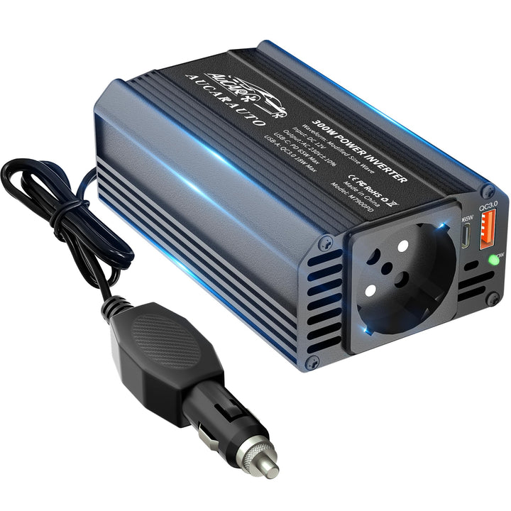 Upgrade 300W Spannungswandler, Wechselrichter 12V auf 230V Stromumwandler mit PD 65W & QC3.0 18W USB