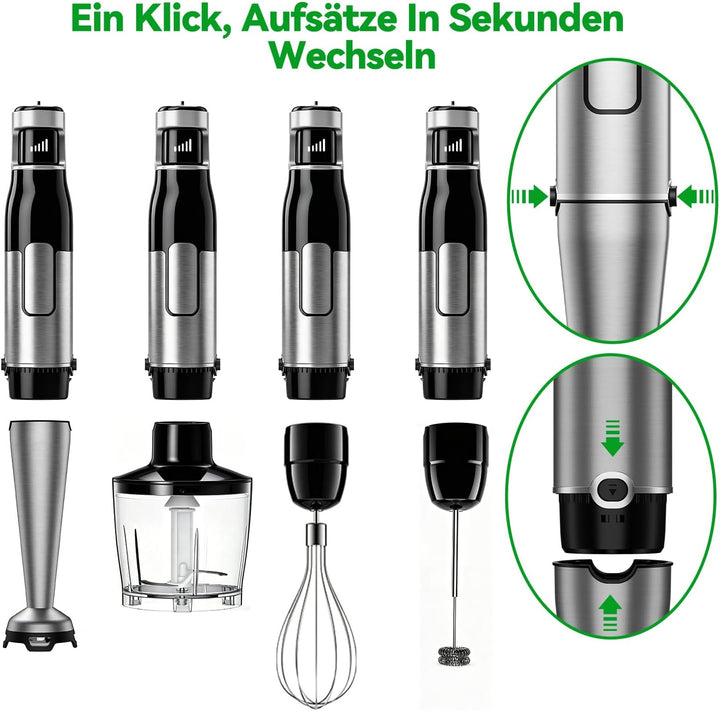 Stabmixer Set 5 in 1, 1100W Pürierstab Elektrisch, Stufenlose Geschwindigkeit, Edelstahl Hand Blende