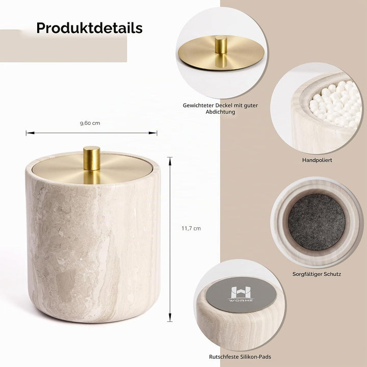 Wattestäbchenhalter aus Marmor mit Messingdeckel für Wattestäbchen, Wattebällchen, Wattepads, grosse
