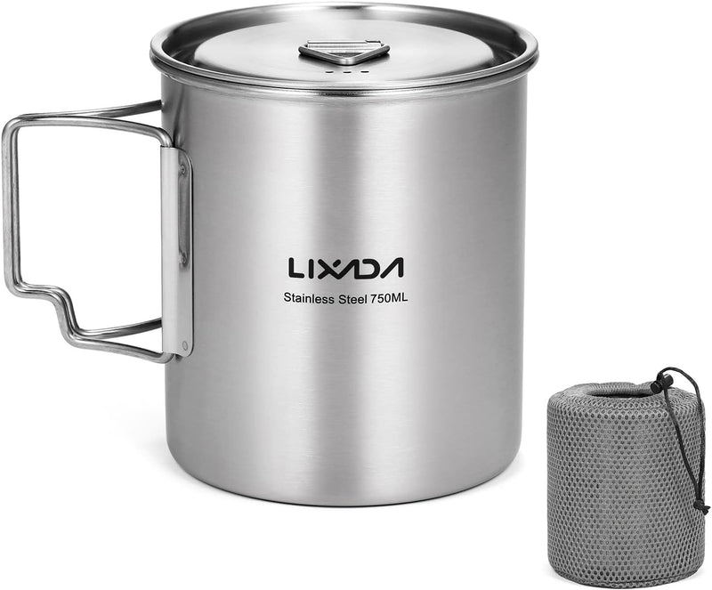 Lixada Camping Topf Edelstahl Titan Tasse Becher 750ml mit Faltbaren Griffe und Deckel Outdoor Kocht