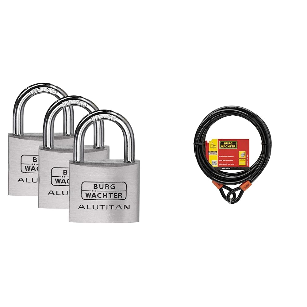 BURG-WÄCHTER 3er-Set Vorhängeschloss mit Schlüssel, Gleichschliessend & Sicherheitskabel mit Ösen, U